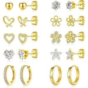 Gold stud earrings set for women 14K plated huggie hoops heart flower gift